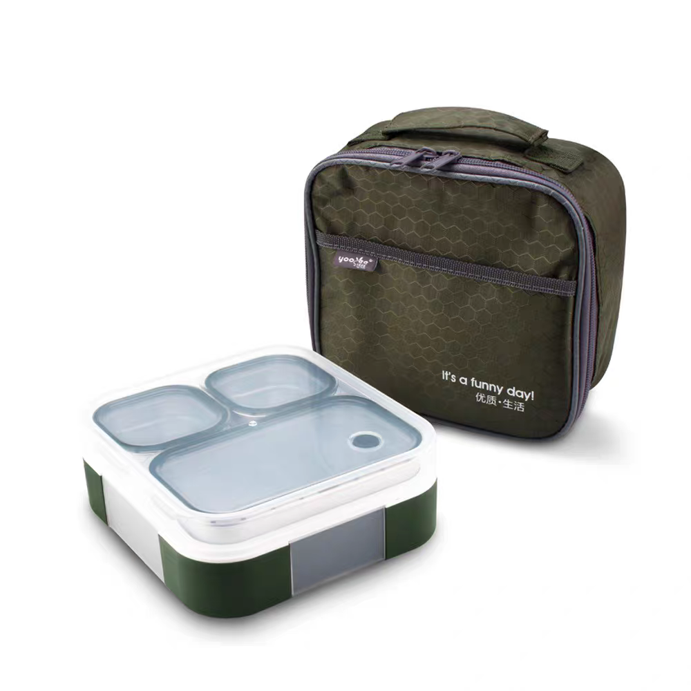 3 grid bento boxes with lunch bag