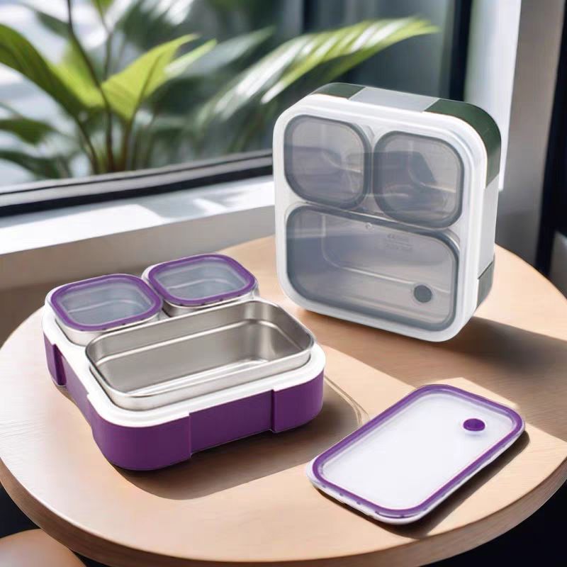 3 grid bento boxes with lunch bag